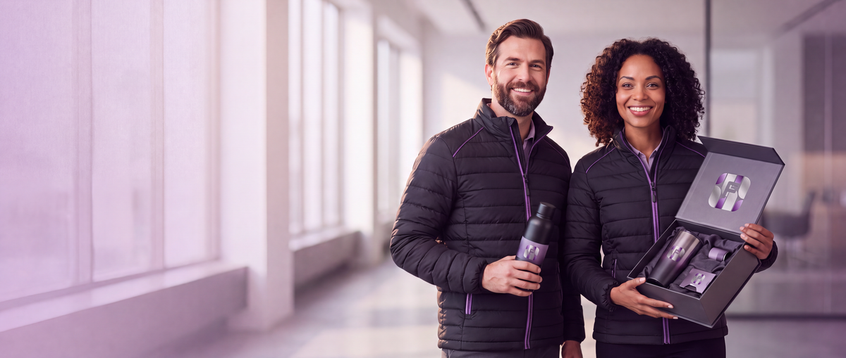 Two Fusion Branding team members in branded corporate jackets presenting a branded corporate gift set